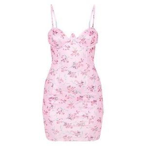 Pink Floral Wire Cup Detail Strappy Bodycon Dress